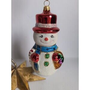Vtg Snowman Fruit Basket Candy Cane Christmas Ornament Laved Blown Glass